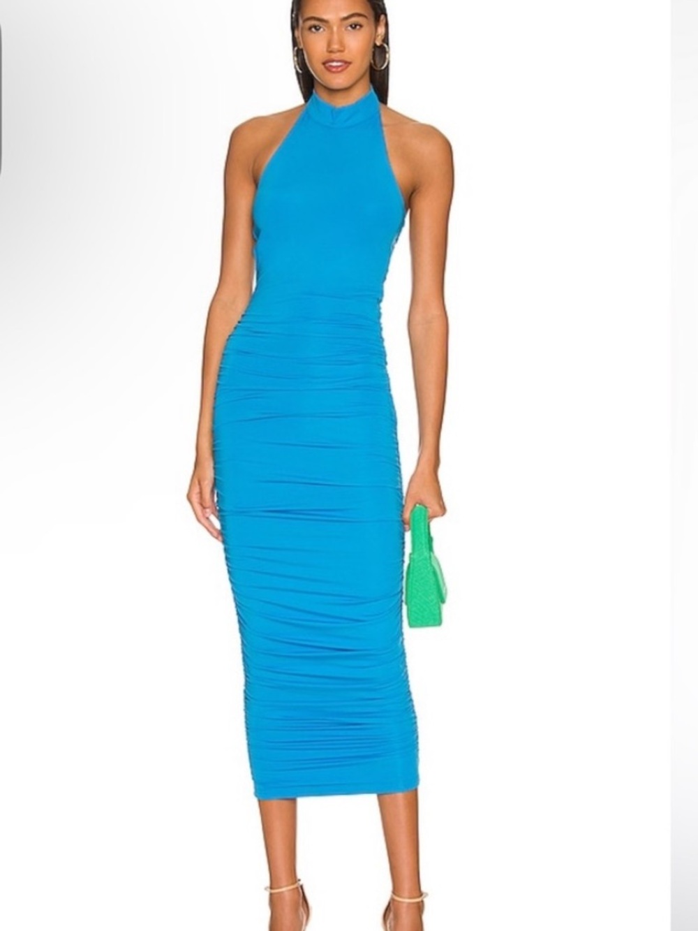 superdown Blue Ruched Halter Midi Dress